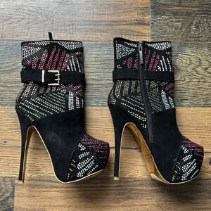 Alba Black Suede Rhinestone Platform High Heel Ankle Boots Size 6.5 Zip Stiletto